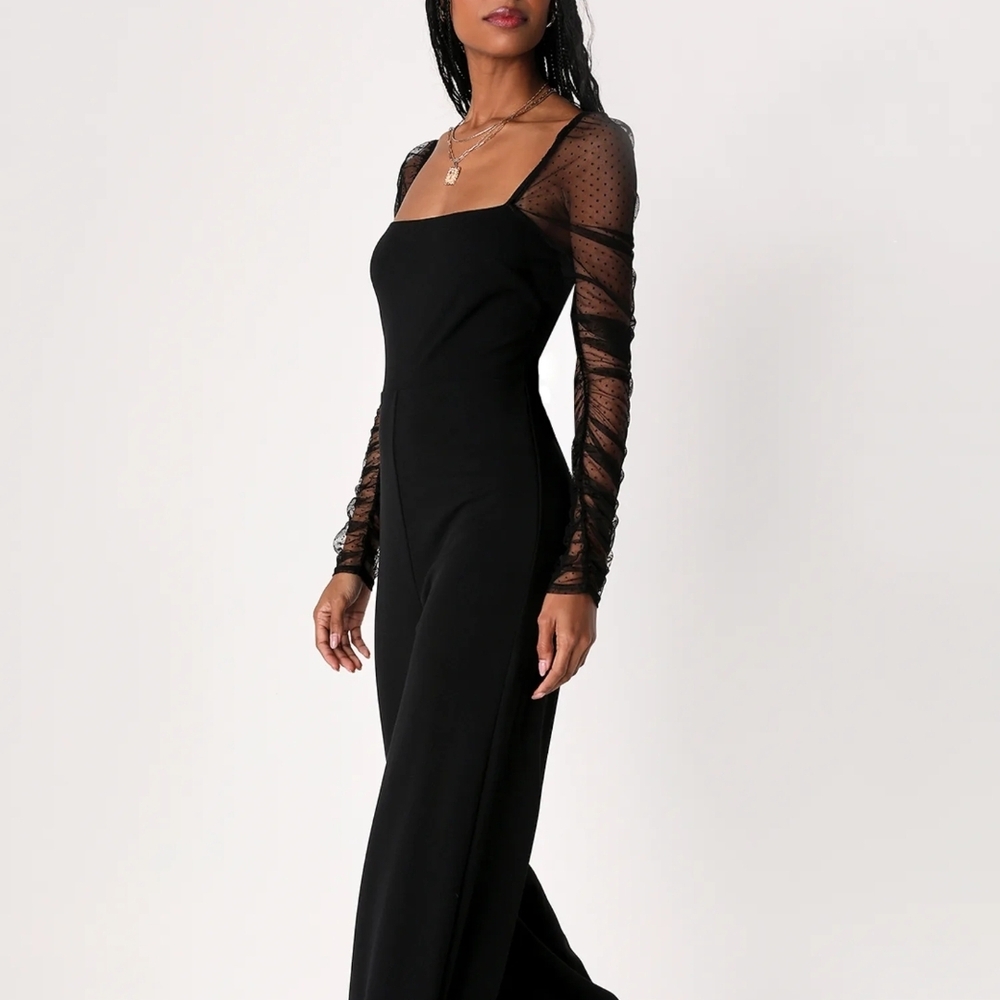 Lulus Made To Amaze Black Dotted Mesh Long Sleeve Jumpsuit Size Medium.